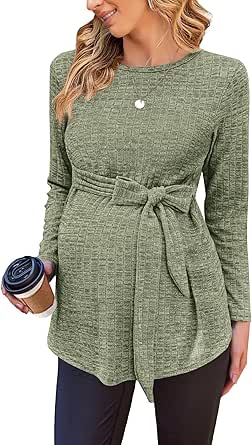 Ekouaer Women's Maternity Shirts Long Sleeve Pregnancy Tops Casual Ribbed Knit Pregnant Blouses S-XXL