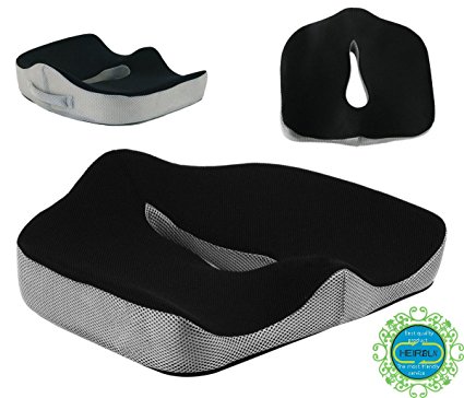 Coccyx Memory Foam Seat Cushion - HEIRBLS Cushion Orthopedic Design to Relieve Sciatica and Tailbone Pain ( Black Nets Cover )