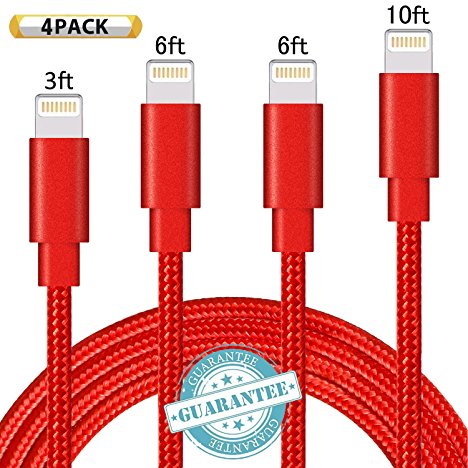 DANTENG Lightning Cable 4Pack 3FT 6FT 6FT 10FT Nylon Braided Certified iPhone Cable USB Cord Charging Charger for Apple iPhone 7, 7 Plus, 6, 6s, 6 , 5, 5c, 5s, SE, iPad, iPod Nano, iPod Touch (Red)
