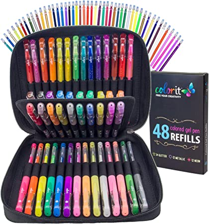 ColorIt Gel Pens For Adult Coloring Books – Premium Ink Gel Pens Set With Case Includes 48 Artist Quality Coloring Pens: 24 Glitter, 12 Metallic, 12 Neon Plus 48 Matching Refills For 96 Total Pieces