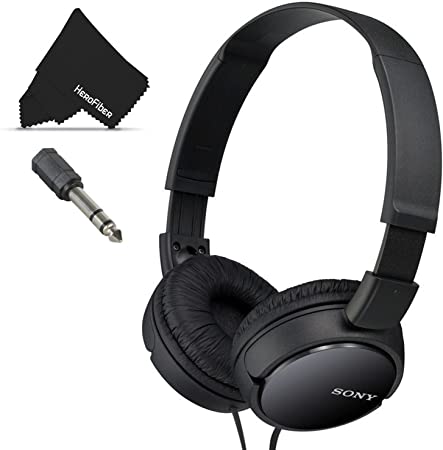 Sony MDRZX110 ZX Series Stereo Headphones (Black) with 3.5mm Mini Plug to 1/4 inch Headphone Adapter & HeroFiber® Ultra Gentle Cleaning Cloth