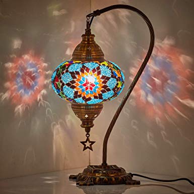 New BOSPHORUS Stunning Handmade Swan Neck Turkish Moroccan Mosaic Glass Table Desk Bedside Lamp Light with Bronze Base