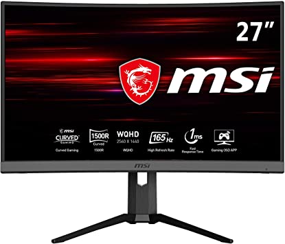 MSI Optix MAG272CQR Curved Gaming Monitor '27 Inch, WQHD, VA, 165 Hz, 1ms, 2560 x 1440, 1440p, 1500R, RGB Mystic Light, DisplayPort, HDMI, USB, AMD FreeSync, G-Sync Compatible