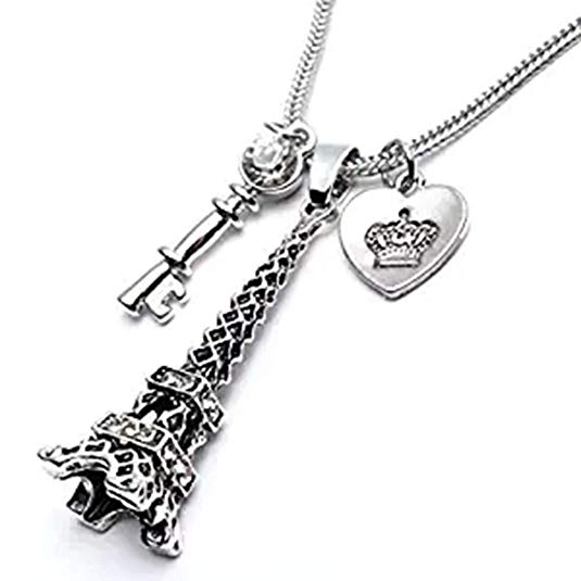 BANCHELLE Heart Key Paris Eiffel Tower Pendant Necklace Long for Women Girl - Silver Tone Jewelry (Silver 01)