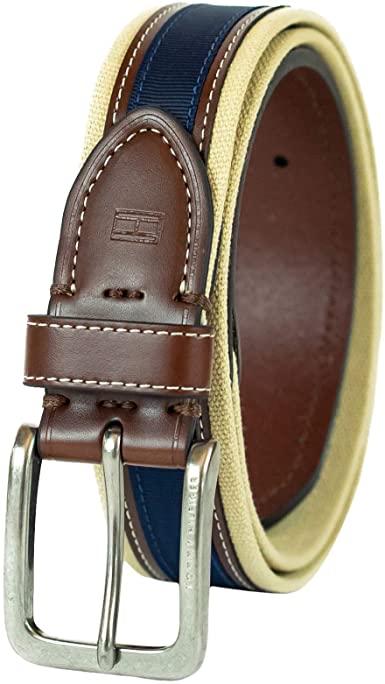 Tommy Hilfiger Men's Ribbon Inlay Belt - Fabric Belt with Single Prong Buckle