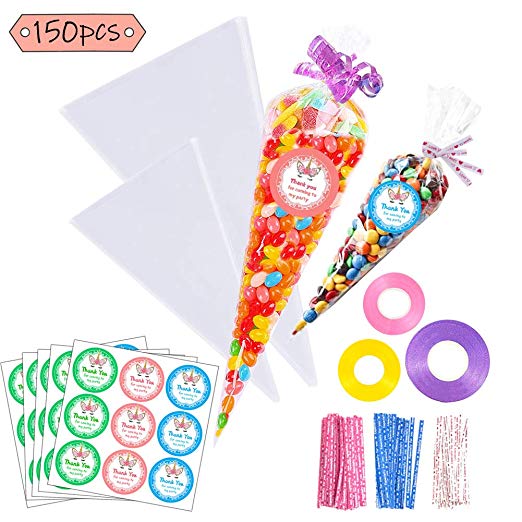 Jatidne 150pcs Clear Cellophane Bags Cone Bags for Treat Candy Popcorn Bags for Party with Ties, Stickers, Ribbons