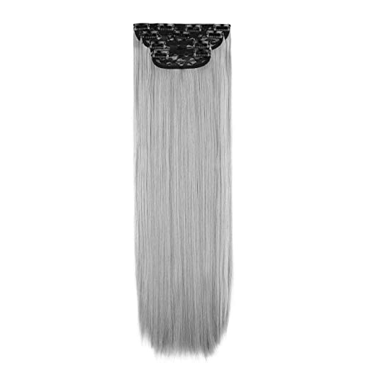 REECHO 24" Straight Long 4 PCS Set Thick Clip in on Hair Extensions Silver Gray