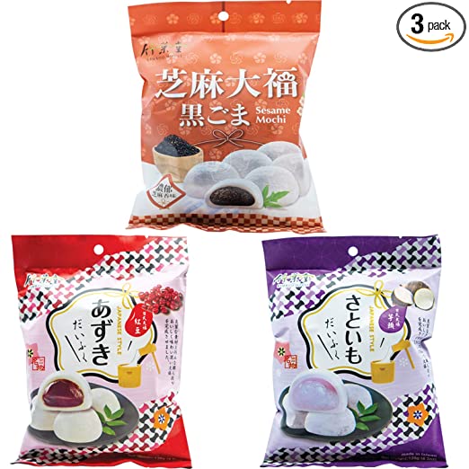 Bamboo House Japanese Style Mochi, Japanese candy dessert rice cake Red Bean, Taro, Sesame Mochi 3 Count, Gift Bag by Unha's Asian Snack Box