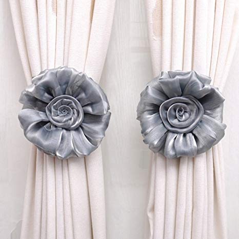 KeyZone Novelty 1 Pair Window Curtain Tieback Clip-on Rose Flower Grey