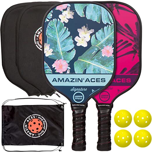 Amazin' Aces Signature Pickleball Paddle Set | USAPA Approved | Graphite Face & Polymer Core | Premium Grip | Includes Paddles, Balls, Paddle Covers, Bag & eBook | 2 Paddle Set (Green & Pink)