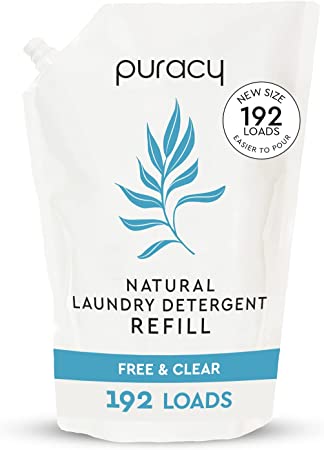 Puracy Liquid Laundry Detergent Refill - 48 fl oz, 192 Loads - Natural, Scent-Free Gentle Liquid Laundry Detergent - Liquid Concentrate Laundry Pouch with Stain Fighting Enzymes - Free & Clear