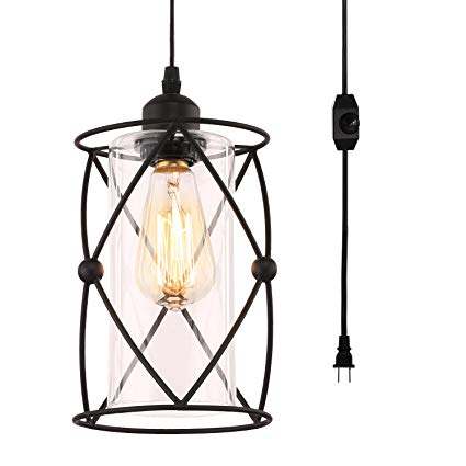 Creatgeek Plug-In Modern Industrial Glass Pendant Light with 16.4'（Ft）Cord and In-Line On/Off Dimmer Switch,Black Finish Cylinder Style