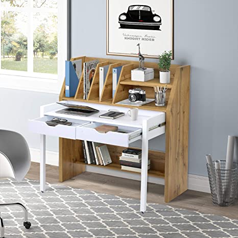 mimoglad Home Office Desk, Rolling Computer Desk with Caters, Home Write Desk and Book Shelf in One, Two Storage Drawers, Foot Rest, Great for Your Workplace, White
