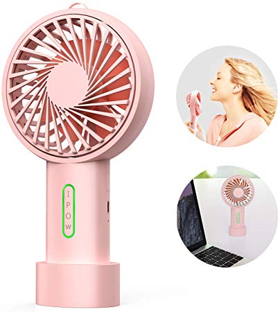 IPOW Mini Handheld Fan Personal Portable Fan 3 Speed Adjustable Angle Removable Base Lanyard USB Recharging Battery Operated Small Desk Cooling Face Fan for Home Camping Disney Travel Peach Pink