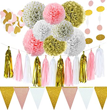 Party Decorations Supplies ~ Engagement Bridal Shower Decoration 1st Birthday & Baby Shower Kits - INSTRUCTIONS White Pink Gold Tissue Pom Pom's Garlands Banner - Wedding Heart garland & tassels