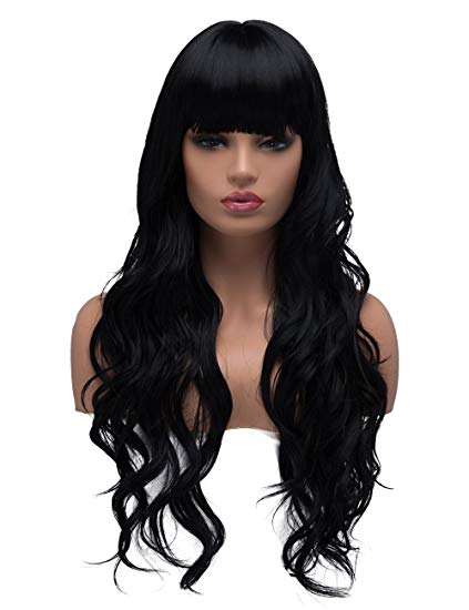 BESTUNG Long Curly Wavy Wigs for Women Ladies Synthetic Full Hair Natural Black Brunette Wig with Straight Bangs for Daily Wear (Straight Bangs, Black)