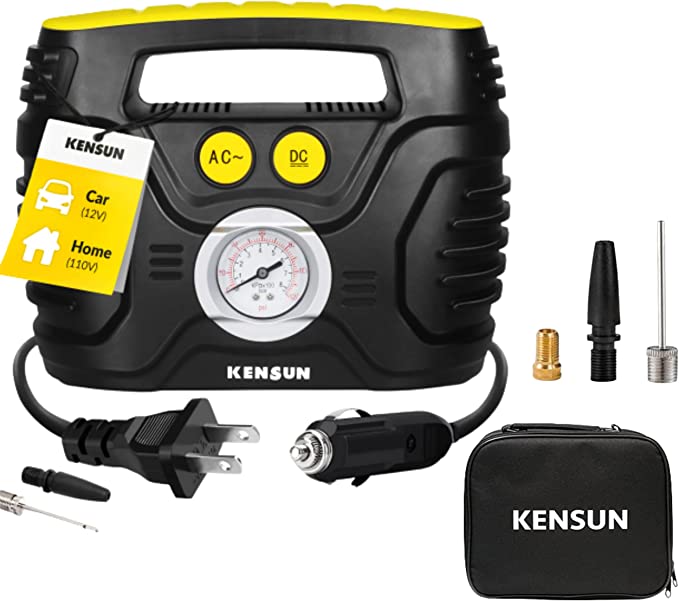 Kensun 4333087805 Compact Portable Air Compressor Pump 12V Home 110V Swift Performance Tire Inflator 120 PSI for Car-Bicycle-Motorcycle-Basketball and Others with Analog Pressure Gauge (AC/DC)