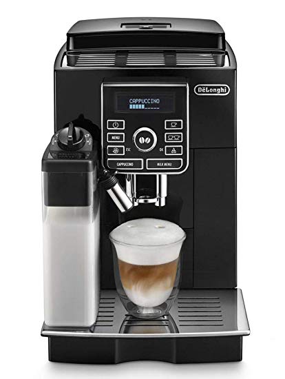 Delonghi super-automatic espresso coffee machine with an adjustable grinder, double boiler, milk frother, maker for brewing espresso, cappuccino, latte, macchiato. ECAM25462B