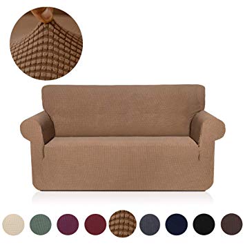 misaya Stretch Sofa Cover Soft Non-Slip Furniture Protector Jacquard Checks 1-Piece Couch Slipcover for Loveseat, Camel