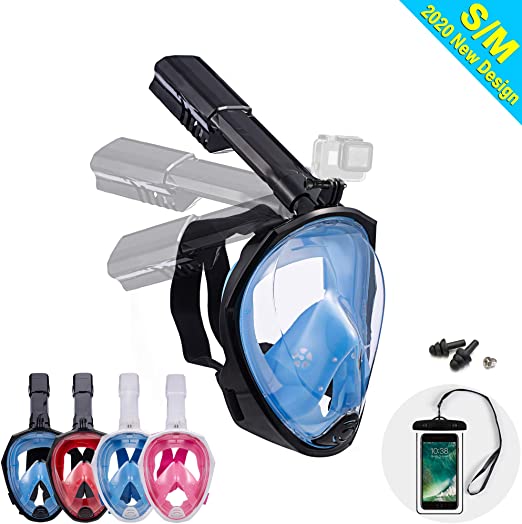 Dekugaa Full Face Snorkel Mask, Snorkeling Mask with Detachable Camera Mount, Panoramic 180° View Upgraded Dive Mask with Safety Breathing System Dry Top Set Anti-Fog Anti-Leak (Black/Blue, S/M)