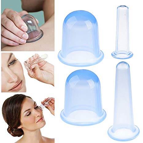 VAGA 4 Blue Silicone Vacuum Cups Set With 2 Suction Cup For Body Deep Tissue Massage, Removing Cellulite, Helping Blood Circulation And 2 Facial Tissue Pore Vacuum Cupping Kit For Face, Neck Massager