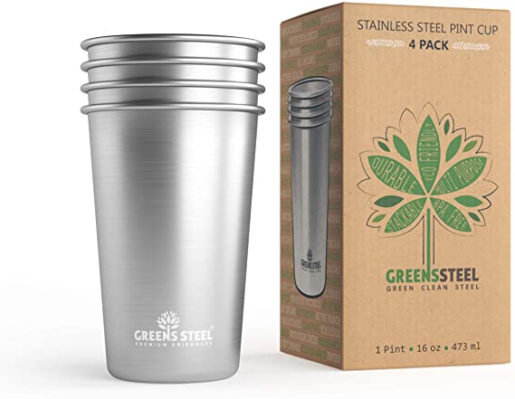 #1 Premium Stainless Steel Cups 16oz Pint Cup Tumbler (4 Pack) By Greens Steel - Premium Metal Cups - Stackable Durable Cup