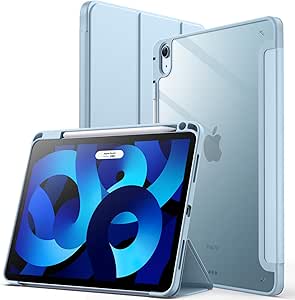 JETech Case for iPad Air 11-Inch M2 (2024), iPad Air 5/4 (2022/2020 5th/4th 10.9-Inch) with Pencil Holder, Clear Transparent Back Slim Stand Shockproof Tablet Cover, Auto Wake/Sleep (Sky Blue)