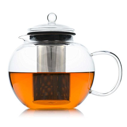 Glass Teapot with Removable Stainless Steel Infuser - Borosilicate Glass Stovetop Safe Tea Pot and Tea Strainer Set, 50 Ounce / 1500 ml, Tea Maker Kettle for Loose Leaf Iced Blooming and Flowering Tea