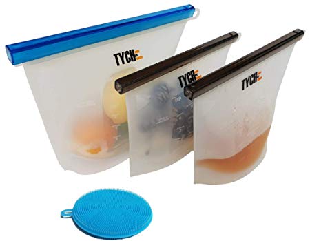 TYCHE Silicone Food Storage Bags [3 pcs] [2 sizes] | Free Silicone Scrubber for Washing | FDA & SGS Approved Food-Grade Silicone | Reusable | Airtight Seal Storage | Effortless Opening and Closing