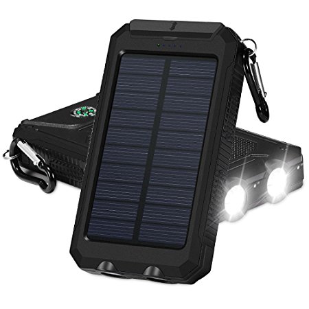 Solar Charger 10000mAh, GRDE Dual USB Ports IP67 Water-Resistant Portable Solar Power Bank Phone Charger with 2 Flashlights Carabiner & Compass for iPhone iPad iPod Cell Phones Tablet Camera
