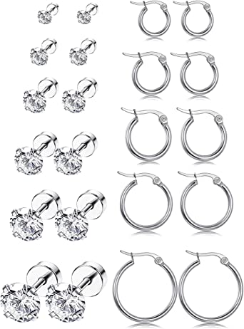 LOYALLOOK 11Pairs Stainless Steel Ear Stud Piercing Hoop Earrings Set Cute Huggie Earrings Cubic Zirconia Cartilage Barbell Stud Earring Screw Flat Back Earrings