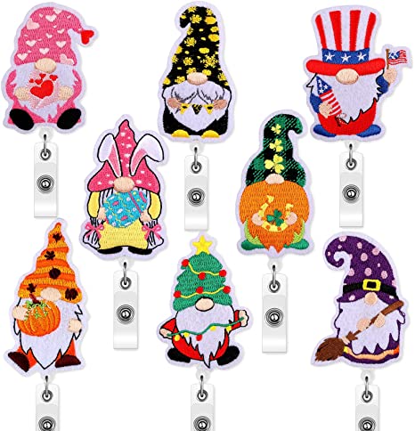 8 Pieces Holiday Badge Reels Gnome Badge Holder Felt Embroidered Retractable Badge Reel Holder with Alligator Clip for Valentine's Day Nurse Teachers Doctor Employees (Stylish Style)