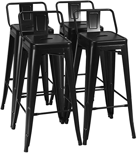 COSTWAY Metal Bar stools Set of 4, with Removable Back, Cafe Side Chairs with Rubber Feet, Stylish and Modern Chairs, for Kitchen, Dining Rooms, and Side Bar (Black, 30'')