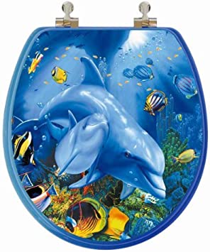 TOPSEAT 3D Ocean Series Elongated Toilet Seat w/Chromed Metal Hinges, Wood, Dolphin Family