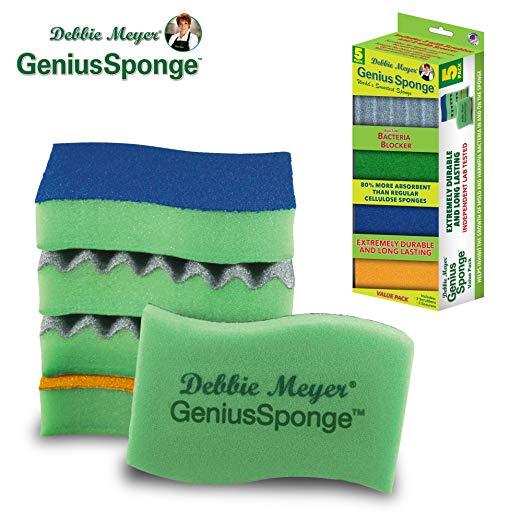 Debbie Meyer GeniusSponge Value Pack Includes 5 Sponges with Built-in Bacteria Blocker; 3 Scrubbers & 2 Scourers. Helps Inhibit the Growth of Bacteria & Mold in & on the Sponge. Extremely Long Lasting