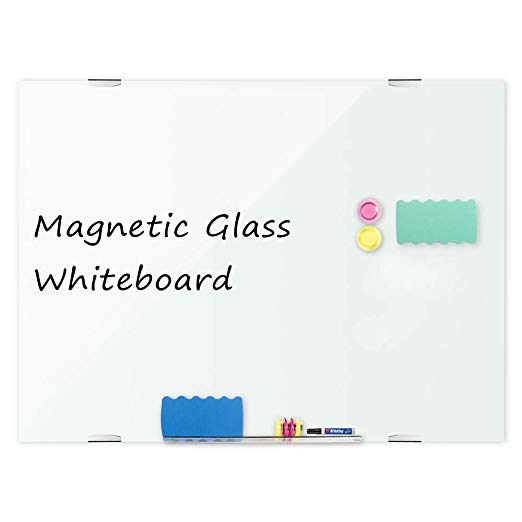 Magnetic Glass Whiteboard 48 x 32 Inch, Wall Mount Dry Erase White Boards with 6 High Powered Magnets, 2 Erasers