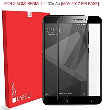 CASE U Redmi 4 Tempered Glass [May 2017 Release], Case U Xiaomi Redmi 4 Full Coverage 2.5D Curved Tempered Glass Screen Protector - Black Rim