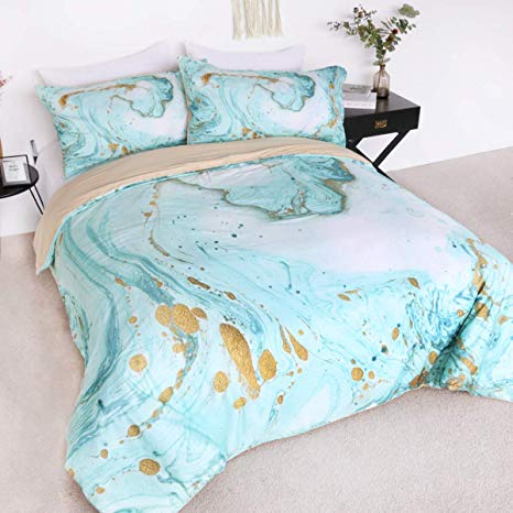 BlessLiving Chic Girly Marble Duvet Cover Set 100% Cotton Bedding Mint Gold Glitter Turquoise Reversible Comforter Cover 3 Pieces Bedding Sets (Queen)