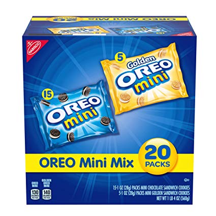 OREO Mini Sandwich Cookies, Assorted Flavors, 20 Snack Packs (15 Chocolate Minis, 5 Golden Minis)