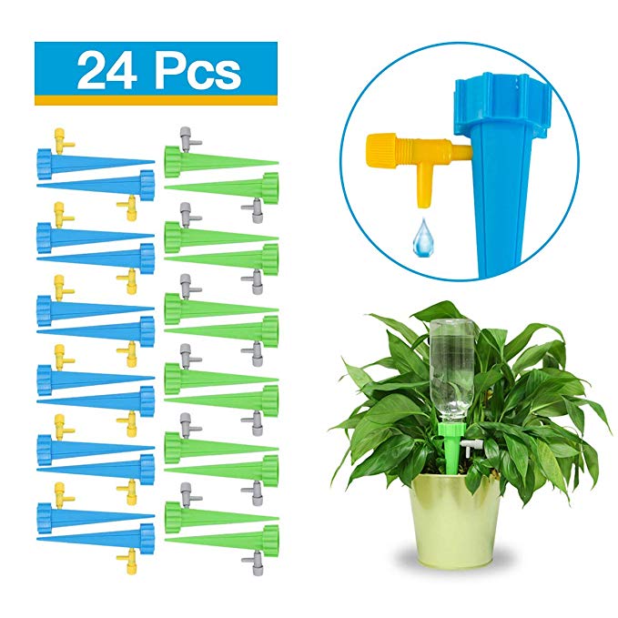 Automatic Plant Waterer Self Watering Spikes, Plant Watering Devices With Control Valve Switch Self Irrigation Watering Drip Devices, Plant Watering Globes Bulbs Stakes System for Plants (24 Pack)