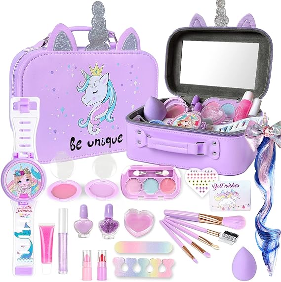 DHOZA Kids Makeup Kit for Girl with Makeup Bag - Real, Non Toxic, Washable Make Up Toy - Christmas, Birthday Gifts for Little Princess Pretend Play Makeup Toy for Toddlers Ages 4 5 6 7 8 9 10 11 12