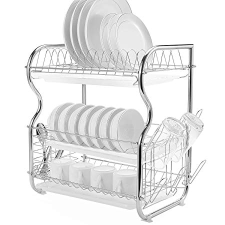 Glotoch Dish Drying Rack, 3 Tier Dish Rack with Utensil Holder, Cup Holder and Dish Drainer for Kitchen Counter Top, Plated Chrome Dish Dryer Silver 17.2 x 9.5 x 15 inch