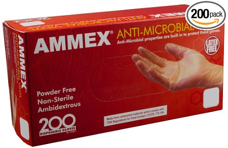 Ammex AAMV Anti-Microbial Vinyl Glove Latex Free Disposable Powder Free Small Box of 200