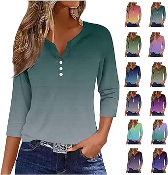 Summer 3/4 Sleeve Tunic Tops for Women Gradient Print Crewneck T Shirts Cute Ladies Casual Loose Button Down Dressy Blouses