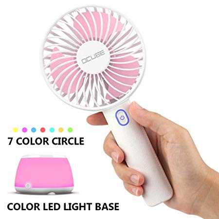 OCUBE Handheld Fan, Mini Hand Held Fan with 7 Color LED Light Base, 2000mAh Battery Operated USB Rechargeable Desk Fan, 3 Speeds Electric Portable Personal Cooling Fan for Home Office Travel (Pink)
