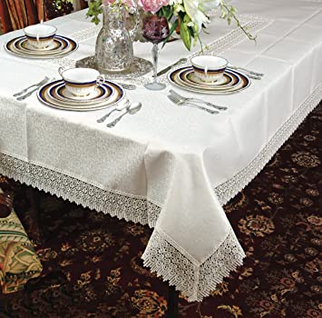 Violet Linen Treasure Lace Oblong/Rectangle Tablecloth, 70" X 140", White