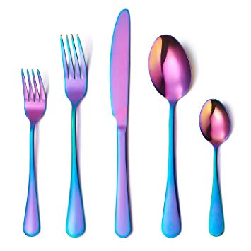 Flatware Set, 20-piece Silverware Cutlery Set with Serving Pieces, Heavy-duty Stainless Steel Utensils, Include Knife/Fork/Spoon, Mirror Finish, Dishwasher Safe, Service for 4 (Rainbow)