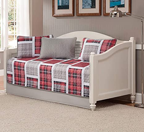 Better Home Style 5 Piece Daybed Coverlet Bedspread Quilt Bed Cover Set (Plaid Red)