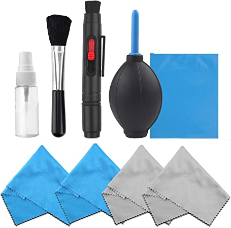 Camera Cleaning Kit for Optical Lens and Digital SLR Cameras including 1 Double Sided Lens Cleaning Pen / 1 Empty Reusable Spray Bottle / 1 Lens Brush / 1 Air Blower / 4 Premium Microfibre Cleaning Cloths - Compatible with Most Cameras including Canon Rebel EOS, Nikon, Olympus, Sony Alpha NEX, Samsung NX & Fuji DSLR