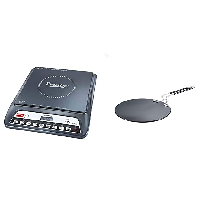 Prestige PIC 20 1200 Watt Induction Cooktop with Push Button (Black) & Hard Anodised Plus Cookware Induction Base Roti Tawa, 225mm, Black Combo